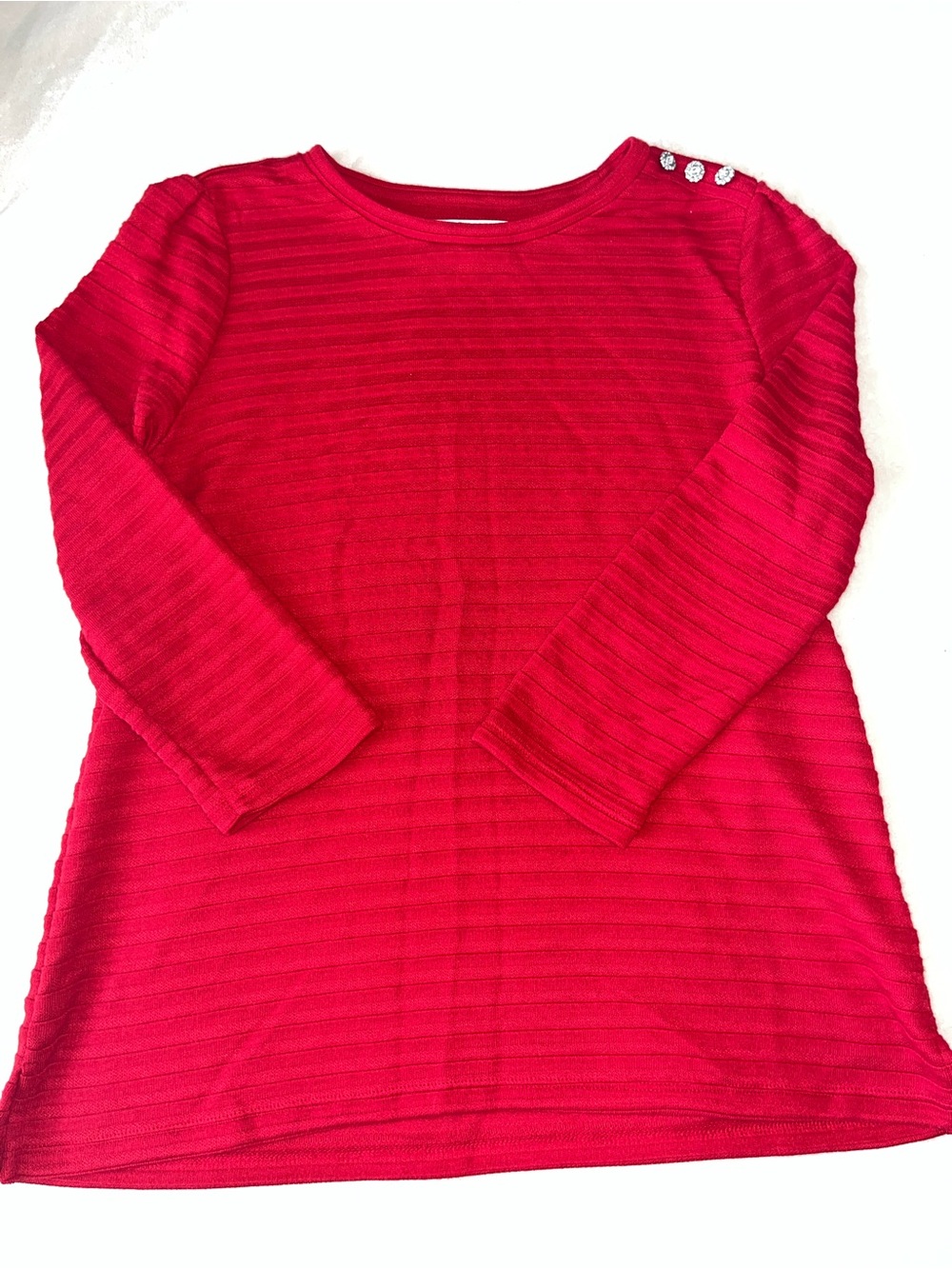 Liz Claiborne Bright Red Ribbed Long-Sleeve Top with Shoulder Rhinestones Small